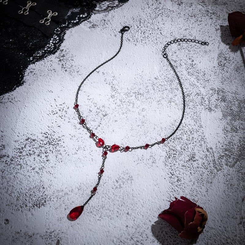 Cicod Gothic Y Necklace,Goth Black Red Crystal Bead Teardrop Necklace,Punk Y Necklace,Halloween Christmas New Year Jewelry Vampire Accessories for Women - Image 5